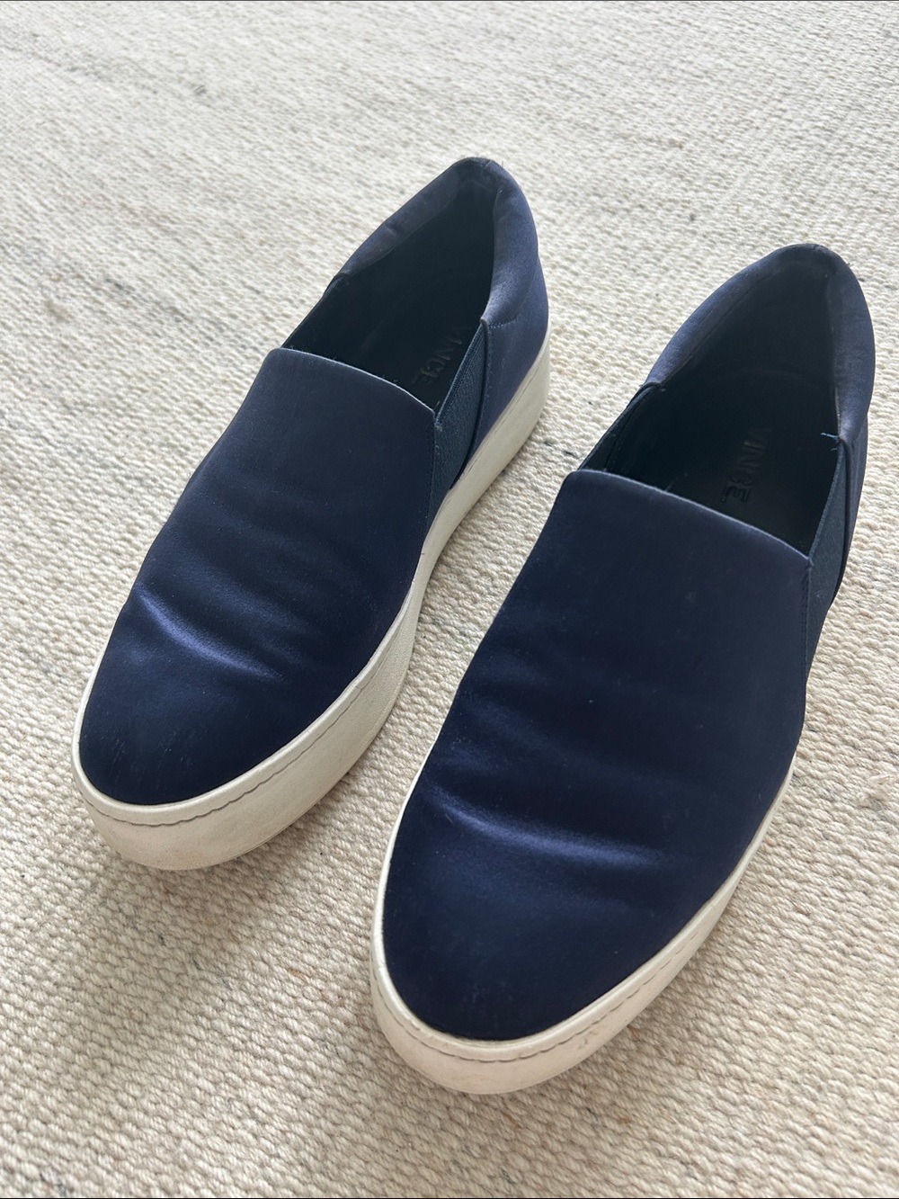 Vince Warren Navy Blue Satin Platform Slip-On Sneakers